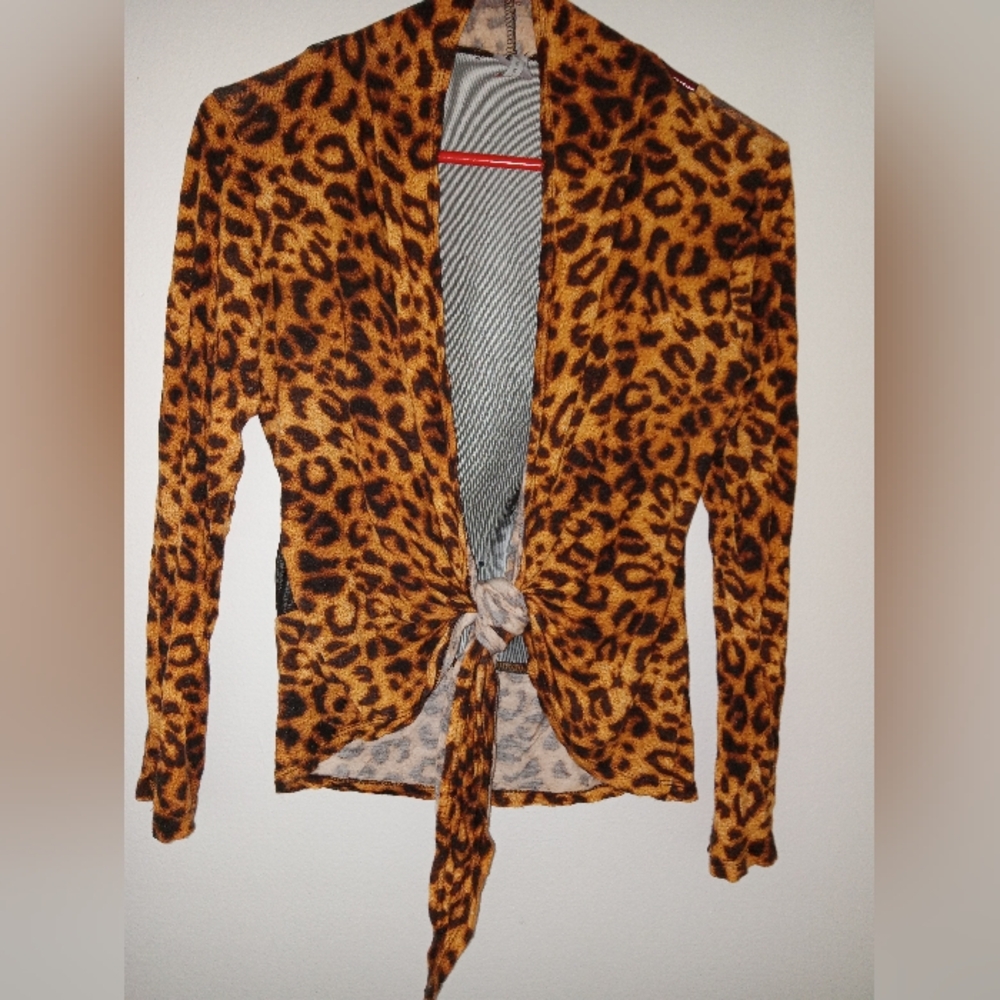Animal Print Lightweight Cover Up With Sheer Black Mesh Backing, Tie Front